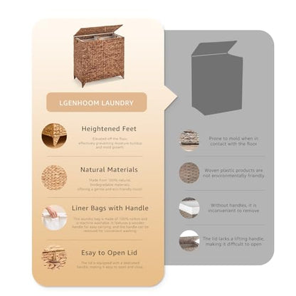 Large Laundry Hamper with Lid and 2 Removable Liner Bags, Natural Handwove Water Hyacinth Clothes Hamper,Wicker Laundry Basket, Foldable, Heightened Feet,Rattan Clothes Laundry Basket - color: Espresso, size: 120L