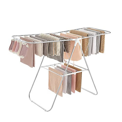 SONGMICS Clothes Drying Rack, Foldable Space-Saving Steel Laundry Rack - color: Silver + White, size: 1 Tier （21.7"d x 58.3"w x 39.4"h）