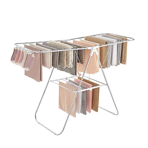 SONGMICS Clothes Drying Rack, Foldable Space-Saving Steel Laundry Rack - color: Silver + White, size: 1 Tier （21.7"d x 58.3"w x 39.4"h）