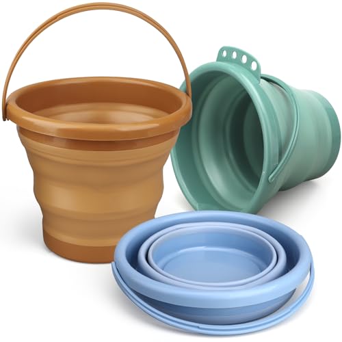 Dilabnba Collapsible Beach Buckets Set Toys, Easter Eggs Buckets, 3PCS 2.5 L Portable Silicone Foldable Pails for Camping Sandbox Garden Beach Party Fishing - style: Round