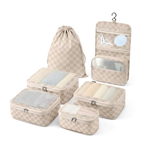Vandel Compression Packing Cubes for Women, Set with Hanging Toiletry Bag - color: 2. Neutral Checker, size: Deluxe Set (4 Cubes + Toiletry & Laundry Bags)