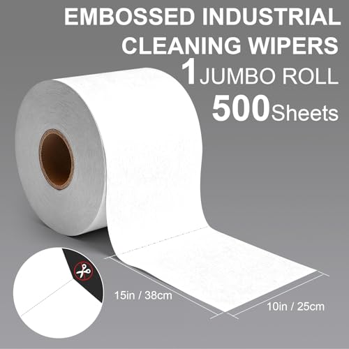 Embossed Jumbo Roll Industrial Cleaning Wipes, Lint-Free Super Absorbent Heavy Duty Cloths,White,1 Roll 500 Sheets, 10"×15" Per Sheet - color: White