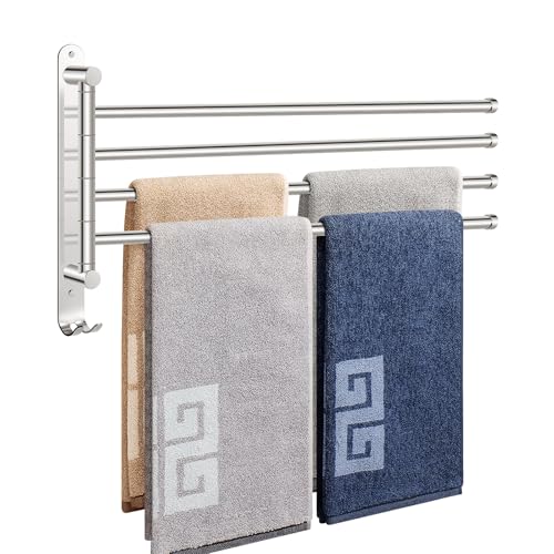 NearMoon Swivel Towel Rack, 19.5" Thicken 304 Stainless Steel 4-Arm Towel Bar, Space Saving Wall Mounted Towel Holder with Hook, Rustproof Swing Out Towel Hanger for Bathroom, Kitchen (Chrome Finish) - color: Chrome Finish, size: 19.5 Inch-Round