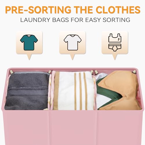 WOWLIVE 180L Laundry Hamper 3 Section, Large Laundry Basket with Lid - color: Pink, size: 180l (31.5"L x 12.5"W x 28"H)