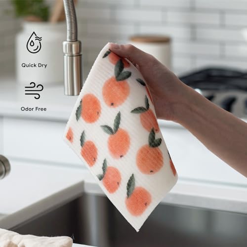 RECYCO Swedish Dishcloths for Kitchen | 5 Pack Peachy Leaves Washable Dish Rags | Cellulose Reusable Cleaning Paper Towels | Absorbent Counter Dish Cloth Sponge Kitchen Wipes, 8" L x 7" W - color: Peachy Leaves- 5 Pack