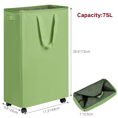 efluky Slim Laundry Hamper with Wheels, Rolling Laundry Basket for Clothes, Small Laundry Basket for Bedroom, Dorm and Laundry Room, 75L (19.8 Gallons) Green - color: Green, size: 75L