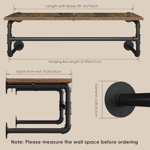 Clothes Rack Wall Mounted, 29.1in Shelf with Hanging Rod, Industrial Pipe Clothing Rack for Hanging Clothes, Space-Saving Garment Rack Wall Mount, Multi-Purpose Hanging Rod for Bedroom, Closet - size: 29.1in/74cm