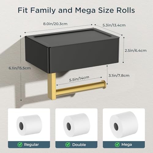 FORIOUS Toilet Paper Holder with Shelf, Wall-Mounted Modern Wipes Dispenser - color: Matte Black & Brushed Gold, size: Big 1 Pack-8" (L)