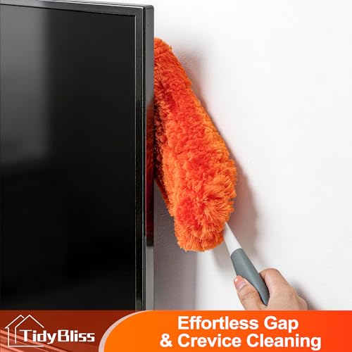 TidyBliss Microfiber Duster for Cleaning, Washable & Reusable Handheld Dust Cleaner Tool, Lint-Free Dusting Wand for Home, Office, Car, Furniture, Blinds, Keyboard, Cobweb Removal (Orange)