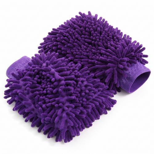 Purple Microfiber Car Wash Mitt – Thickened Chenille Cleaning Glove for Car Windows & Detailing, Dual Use Wet/Dry - color: Purple