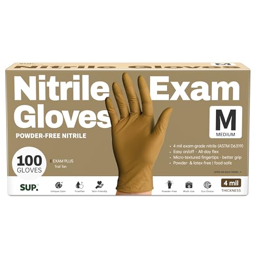 SUP Powder-Free Nitrile Exam Gloves, 100/1000 Ct Food Safe Latex-Free Disposable Glove Medical Cooking Cleaning Food Prep Tan - color: 100 Medium (Trail Tan)