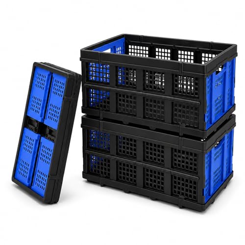 Collapsible Storage Crates 3 Pack, Stackable Foldable Storage Bins for Garage, Car Trunk, Warehouse & Home Organization, Heavy Duty Plastic Utility Crates, 49L, Blue - size: 3 Pack