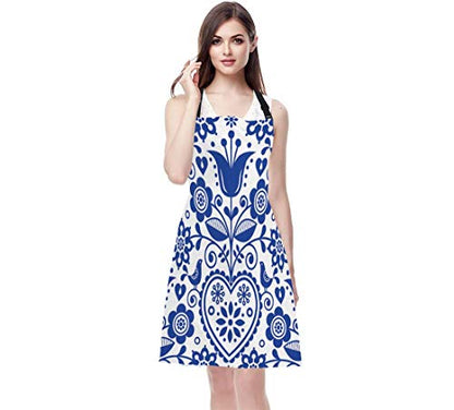 EKOBLA Floral Aprons Bohemian Style Scandinavian Folk Art Navy Blue Waterproof Resistant Chef Cooking Kitchen BBQ Adjustable Aprons for Women Men 27x31 Inch - color: Multi-a102
