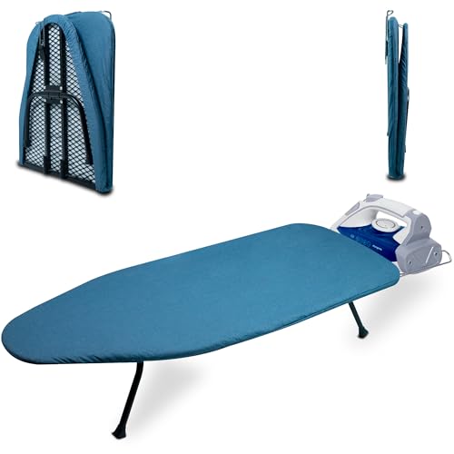 Metal Mesh Panel Tabletop Ironing Board | Foldable Iron Board | Heavy Duty Small Iron Board with Heat Resistant Cover and 100% Cotton 8mm Thicken Pad (Blue) - color: Blue