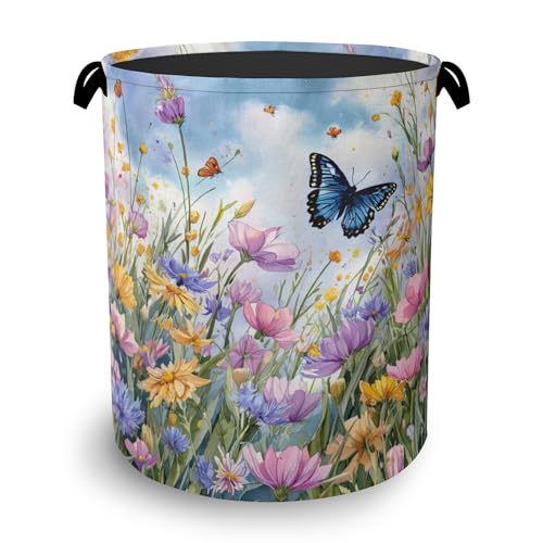 Wildflowers Butterfly Laundry Basket,Floral Garden Oxford Cloth Laundry Hamper with Handle Foldable Portable Clothes Storage Basket for Bathroom Bedroom Dorm Room 16" x 20.8" - color: Wildflowers Butterfly Floral Garden