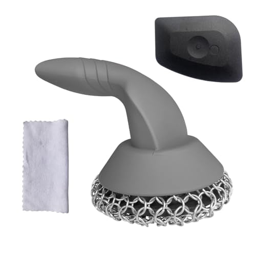 Cast Iron Scrubber with Pan Scraper & Towl, 316 Chainmail Scrubber with Long Handle, Upgraded Chain Mail Scrubber Cleaner for Grill Pan Skillet Wok Carbon Steel Dutch Oven Metal Brush (Grey) - color: Gray