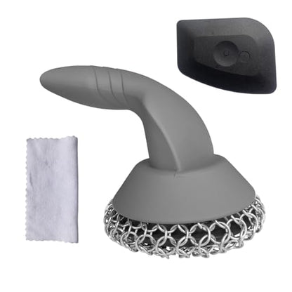 Cast Iron Scrubber with Pan Scraper & Towl, 316 Chainmail Scrubber with Long Handle, Upgraded Chain Mail Scrubber Cleaner for Grill Pan Skillet Wok Carbon Steel Dutch Oven Metal Brush (Grey) - color: Gray