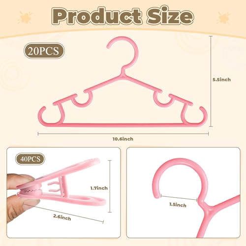 Baby Hangers w/Clips (20 Hangers & 40 Clips) Kids Clothes Hangers - color: Pink