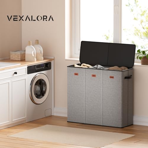 185L Laundry Hamper 3 Section, Laundry Hamper with Lid, Dirty Clothes Hamper with 3 Removable Washing Bags, Extra Large Laundry Basket Organizer for Bedroom, Laundry Room, Dorm - Gray - color: Grey, size: 48.86 Gal - 3 Section