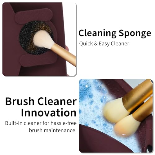 Travel Silicone Makeup Brush Holder with Cleaning Pad and Magnetic Closure - color: Brown