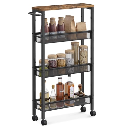 VASAGLE 4-Tier Slim Rolling Storage cart with Wheels, 5.1 Inches, Metal - color: Rustic Brown + Classic Black, size: 4 Tiers (5.1"D x 30.3"H)