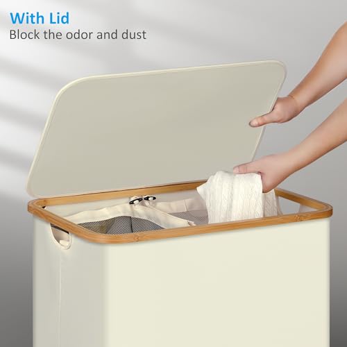 efluky Laundry Hamper with Lid, 160L Tall Laundry Basket with Bamboo Handles for Clothes and Toys, Collapsible Laundry Hamper with 2 Inner Bags for Bedroom and Bathroom, Beige - color: Beige, size: 160L