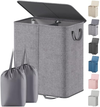 Lifewit Double Laundry Hamper with Lid, Removable Laundry Bags, Gray - color: Gray, size: 136L