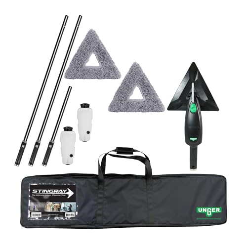 Unger Commercial Microfiber Indoor Glass Cleaning Kit - 11' Stingray Deluxe Refillable Cleaning Set - Extended Reach for Indoor Glass and Surfaces - SRKB7
