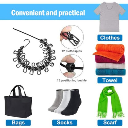 Retractable Clothesline with 12 Clips for Travel, Indoor & Outdoor Use（Black） - color: Black