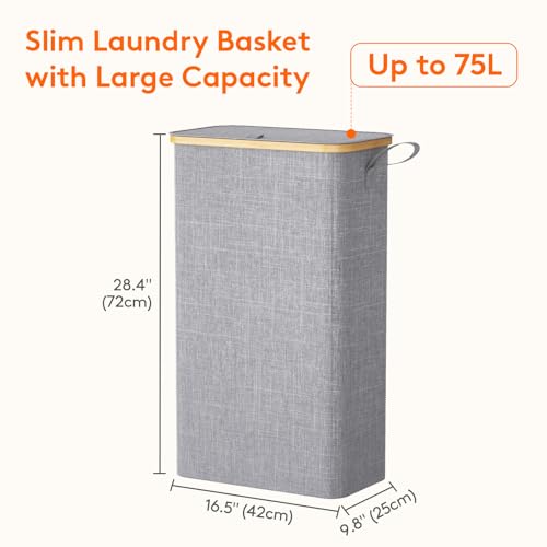 Lifewit 75L Slim Laundry Hamper with Lid and Removable Bag, Gray - color: Gray, size: 75L
