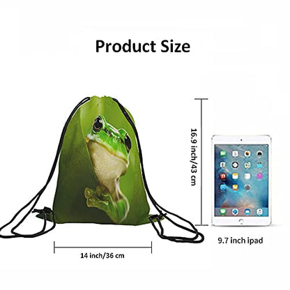 Green Frog Drawstring Bags Backpack Bag Cute Animal Little Funny Wildlife Tree Leaves Nature Black Big Eyes Sport Gym Sack Drawstring Bag String Bag Yoga Bag for Men Women - color: Multi-a04
