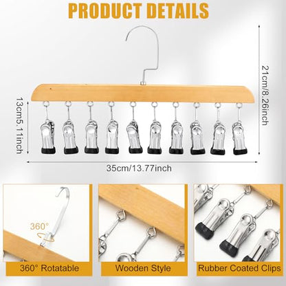 Novabright 2 Pcs Closet Organizers with 10 Clips Hat Pants Scarf Socks Hangers Wood Space Saving Rotating Hanging Hangers Clothespins with Padded Clips for Leggings Bra Tie Belt Jeans Skirt (Wood) - color: Wood