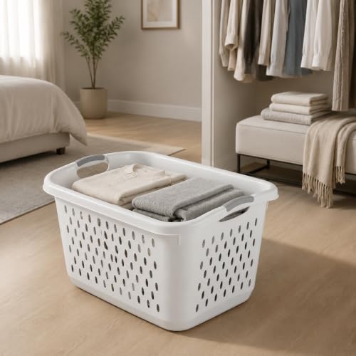 2.7 Bushel Plastic Laundry Basket with Handles Space Saving Laundry Hamper, White