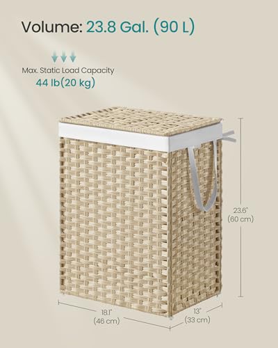 SONGMICS Laundry Hamper with Lid, 23.8 Gal (90 L) Synthetic Rattan,Foldable - color: Summer Sand, size: 90 L