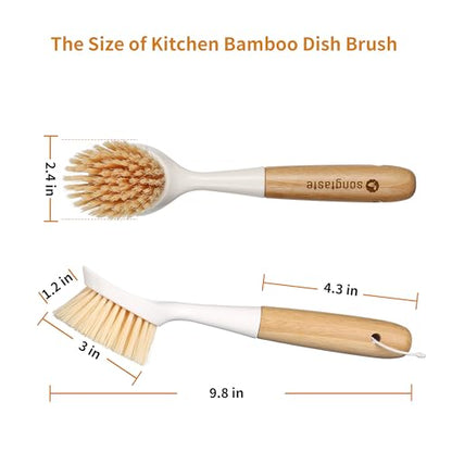 2 Pack Kitchen Dish Brush Bamboo Handle Dish Scrubber Built-in Scraper - style: White