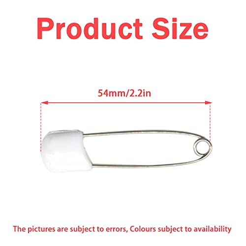 50 PCS Safety Pin 54mm/2.2in Baby Diaper Pins for Cloth Plastic Head Baby Pins for Diapers Stainless Steel Cloth Pins with Locking Closures Nappy Pin for Crafts（DT/White） - color: White