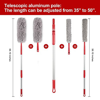 CLEANHOME 69" Bendable Microfiber Feather and Chenille Duster Kit, with Aluminum Telescoping Handle & 2 Removable Washable Heads, Duster for Ceiling Fan, Furniture Top, High Places