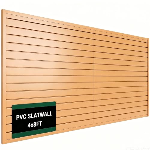 Slat Wall Paneling 4x8 ft Garage Organizer Storage Systems, Heavy Duty PVC Slatwall Panels for Garage Organizer Product, PVC Wall Mounted Tool Storage Slate Board for Home and Workshop (Woodgrain) - color: Woodgrain, size: 4X8FT