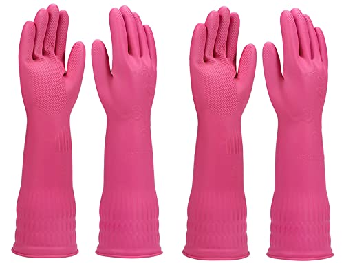 Dishwashing gloves 2 Pairs for kitchen,Rubber cleaning gloves,Long dish gloves reuseable. - color: Pink, size: Large (Pack of 2)