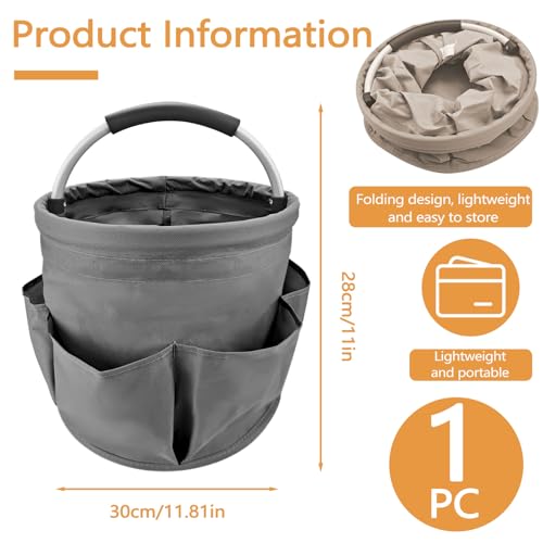 Deep Gray 17 L Picnic Garden Tool Bag with 6 Pockets, Foldable Bucket Organizer for Storage Camping Home Cleaning Products, Portable Garden Caddy Tote with Handle Harvest Basket (Deep Gray) - color: Deep Gray