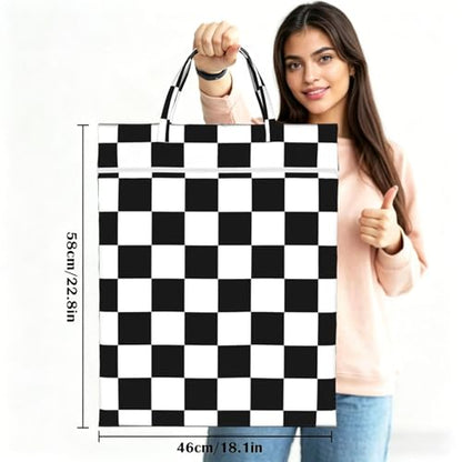 Black White Plaid Travel Laundry Bag Washable Dirty Clothes Bag for Gym - color: Black White Plaid