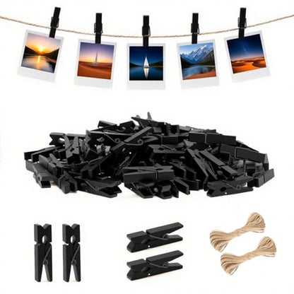 jijAcraft 1.4Inch Mini Clothes Pins - 100Pcs Wooden Clothespins with String - color: Black Black, size: 1.4 inch, 100 pcs