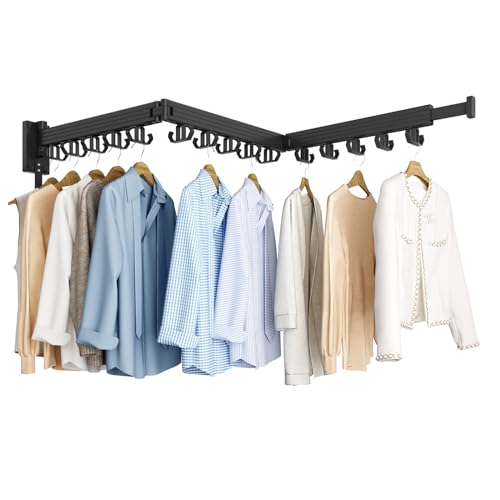 Kelisiting Clothes Drying Rack, Wall Mounted Laundry Drying Rack, Upgrade 3-Fold Foldable Collapsible Retractable Clothing Drying Rack with 12 Dual Hooks Organization for Laundry Room Indoor- Black - color: Black, size: 3-Fold-Upgrade