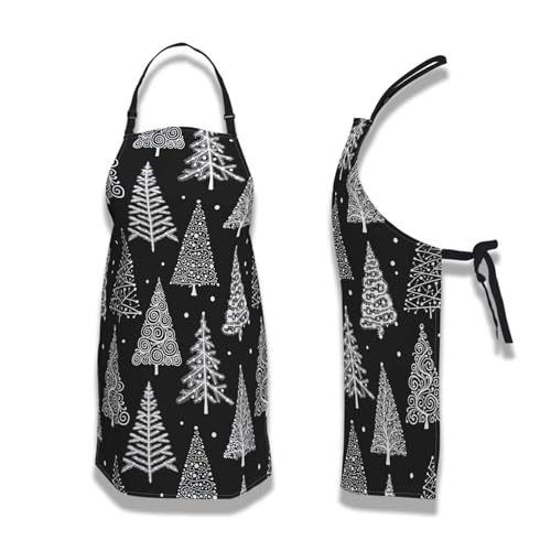 Kitchen Aprons for Men Christmas Tree, Black White Leaf Circle Polka Dot Men’s Apron for Cooking Restaurant BBQ Painting Crafting Gardening 27” (W) x 31” (H), Waterproof Apron - color: Christmas Tree