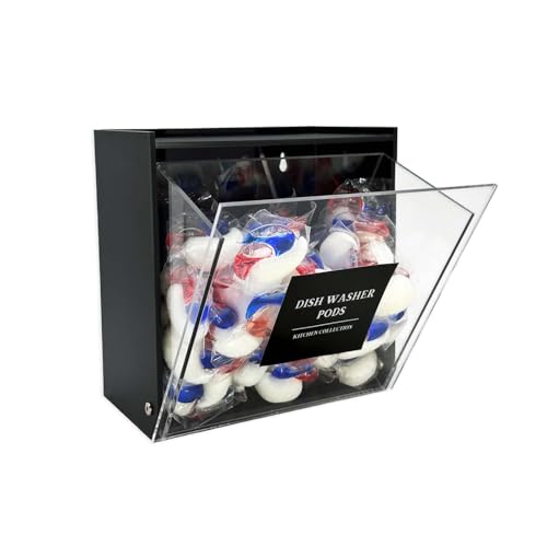 Laundry Pods Container, Acrylic Wall Mounted Organizer with Extra Labels, Candy Dispenser Coffee Pod Holder Dishwasher Pods Case for Home,Kitchen, Office, Black