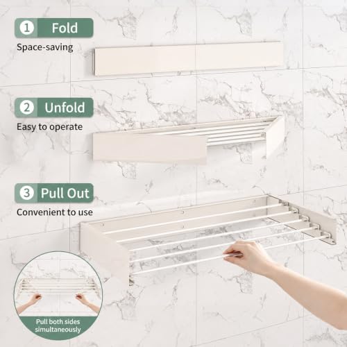 31.5in Wall Mounted Drying Rack Foldable Retractable 60lbs 5 Rods - size: 31.5inch