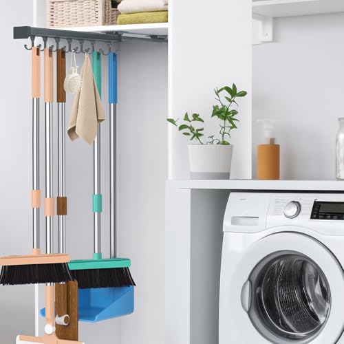 Pull Out Broom Holder With Adjustable Double Row Sliding Hook-Grey 16.14in - color: Dark grey, size: 41cm/16.14inch