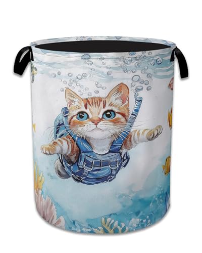 Cute Cat Laundry Basket,Foldable Oxford Cloth Sea Turtle Fish Coral Laundry Hamper with Handles, 20.8"x16" Tote Bag Clothes Storage Bucket for Laundry Room/Bathroom/Bedroom/Dormitories - color: Cute Cat Sea Turtle Fish Coral