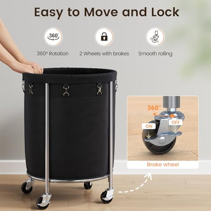 ELYKEN Laundry Basket with Wheels, Round Rolling Laundry Hamper, Black - color: Black, size: 190L