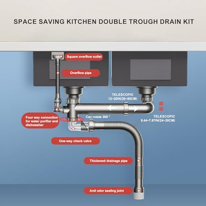 Double Sink Drain Kit Space Saving Kitchen Sink Drain Kit Expandable Flexible 1 1/2" P-Trap Pipe 3-1/2 Inch Sink Drain Assembly Kit with 4-Way Fitting Adapter for Dishwasher - size: Double Sink Drain Kit